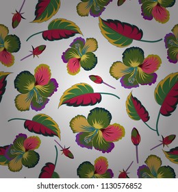Seamless hand-drawn vector hibiscus flower pattern in white, green and yellow colors.