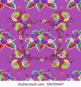 Seamless hand-drawn vector hibiscus flower pattern on a violet background.