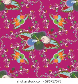 Seamless hand-drawn vector hibiscus flower pattern on a purple background.