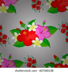 Seamless hand-drawn vector hibiscus flower pattern on a gray background.
