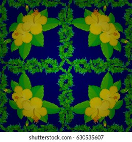 Seamless hand-drawn vector hibiscus flower pattern on a blue background.