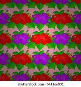 Seamless hand-drawn vector hibiscus flower pattern on a pink background.