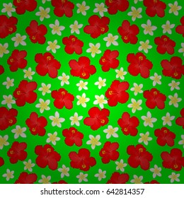 Seamless hand-drawn vector hibiscus flower pattern on a green background.