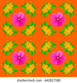Seamless hand-drawn vector hibiscus flower pattern on a orange background.