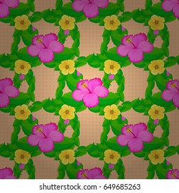 Seamless hand-drawn vector hibiscus flower pattern on a beige background.