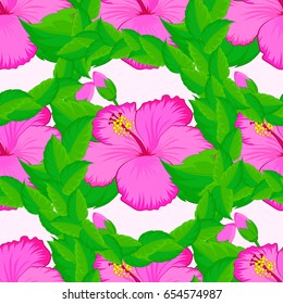 Seamless hand-drawn vector hibiscus flower pattern on a beige background.