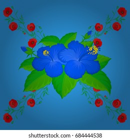 Seamless hand-drawn vector hibiscus flower pattern on a blue background.