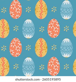 Seamless hand-drawn vector pattern with colorful decorated Easter eggs with floral and geometric designs on a blue background. Ideal for festive textiles, gift wrapping, and holiday-themed projects
