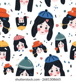 A seamless, hand-drawn vector pattern of cute girls with different hats and hairstyles. The playful, messy style is great for fabrics, wallpapers, and backgrounds.