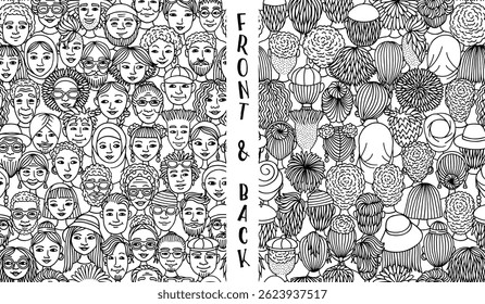 Seamless Hand-Drawn Vector Pattern of Diverse Doodle Faces in Black and White – Front and Back Crowd Illustration