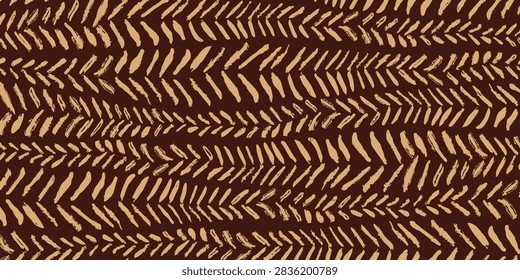 Seamless hand-drawn vector pattern featuring a rustic herringbone and chevron brush stroke design in dark brown and beige tones, ideal for textile, fabric, wrapping paper, and digital backgrounds.