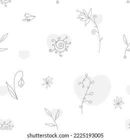 Seamless hand-drawn vector pattern, simple line - fantasy romantic outline flowers, sun, birds and hearts. Dark Grey lines on white background. Doodles.