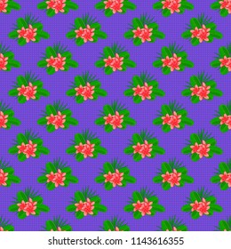 Seamless hand-drawn vector plumeria flower pattern in pink, violet and green colors.