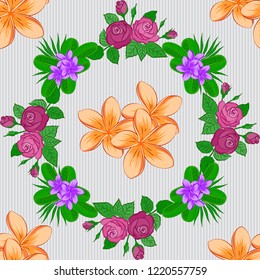 Seamless hand-drawn vector plumeria flower pattern in gray, green and beige colors.