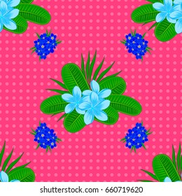 Seamless hand-drawn vector plumeria flower pattern on a pink background.