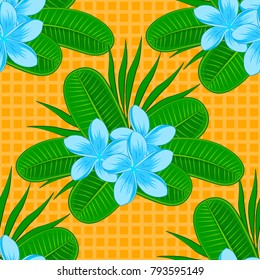 Seamless hand-drawn vector plumeria flower pattern in green, yellow and blue colors.