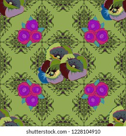 Seamless hand-drawn vector poppy flower pattern in blue, green and violet colors.