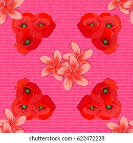 Seamless hand-drawn vector poppy flower pattern on a pink background.