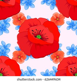 Seamless hand-drawn vector poppy flower pattern on a beige background.