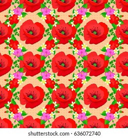 Seamless hand-drawn vector poppy flower pattern on a beige background.