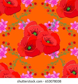 Seamless hand-drawn vector poppy flower pattern on a orange background.
