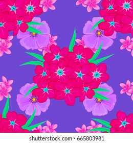 Seamless hand-drawn vector primrose flower pattern on a violet background.