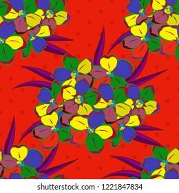 Seamless hand-drawn vector primula flower pattern in green, yellow and red colors.