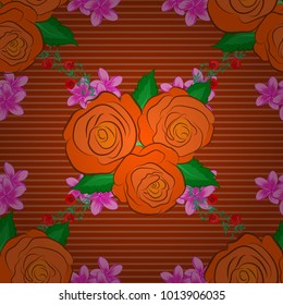 Seamless hand-drawn vector rose flower pattern in green, pink and orange colors.