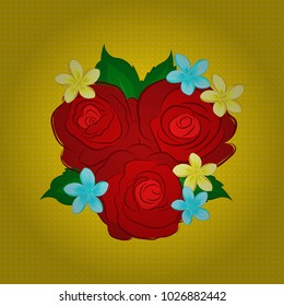 Seamless hand-drawn vector rose flower pattern in blue, yellow and red colors.