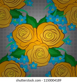 Seamless hand-drawn vector rose flower pattern in gray, blue and yellow colors.