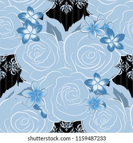 Seamless hand-drawn vector rose flower pattern in black, gray and blue colors.