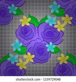 Seamless hand-drawn vector rose flower pattern in gray, green and violet colors.