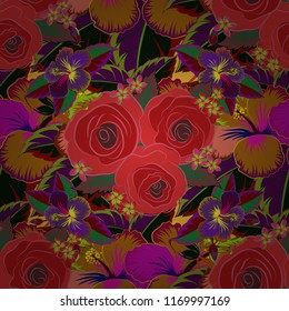 Seamless hand-drawn vector rose flower pattern in purple, orange and red colors.