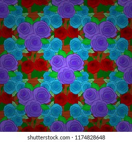 Seamless hand-drawn vector rose flower pattern in blue, green and violet colors.