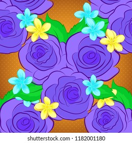 Seamless hand-drawn vector rose flower pattern in violet, orange and green colors.