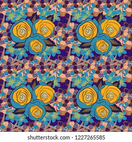 Seamless hand-drawn vector rose flower pattern in yellow, blue and violet colors.