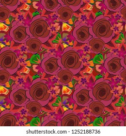 Seamless hand-drawn vector rose flower pattern in pink, orange and brown colors.