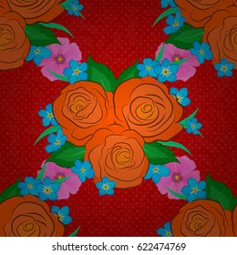 Seamless hand-drawn vector rose flower pattern on a red background.