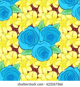 Seamless hand-drawn vector rose flower pattern on a red background.