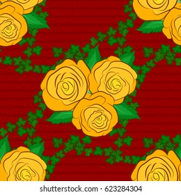 Seamless hand-drawn vector rose flower pattern on a red background.