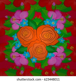 Seamless hand-drawn vector rose flower pattern on a red background.