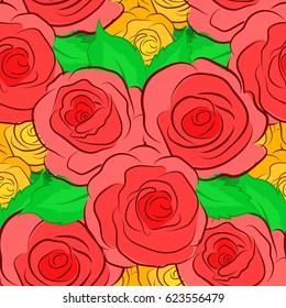 Seamless hand-drawn vector rose flower pattern on a white background.