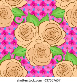 Seamless hand-drawn vector rose flower pattern on a blue background.