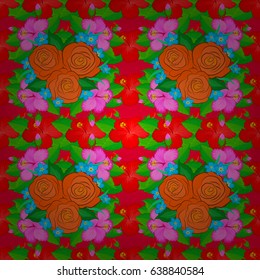 Seamless hand-drawn vector rose flower pattern on a red background.