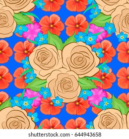 Seamless hand-drawn vector rose flower pattern on a blue background.
