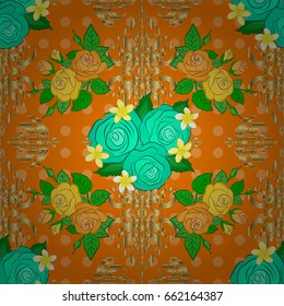 Seamless hand-drawn vector rose flower pattern on a orange background.