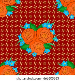 Seamless hand-drawn vector rose flower pattern on a red background.