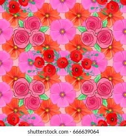 Seamless hand-drawn vector rose flower pattern on a pink background.