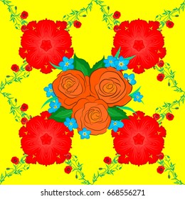 Seamless hand-drawn vector rose flower pattern on a yellow background.