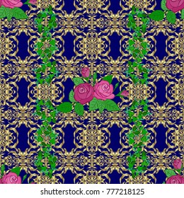 Seamless hand-drawn vector rose flower pattern in neutral and blue colors.